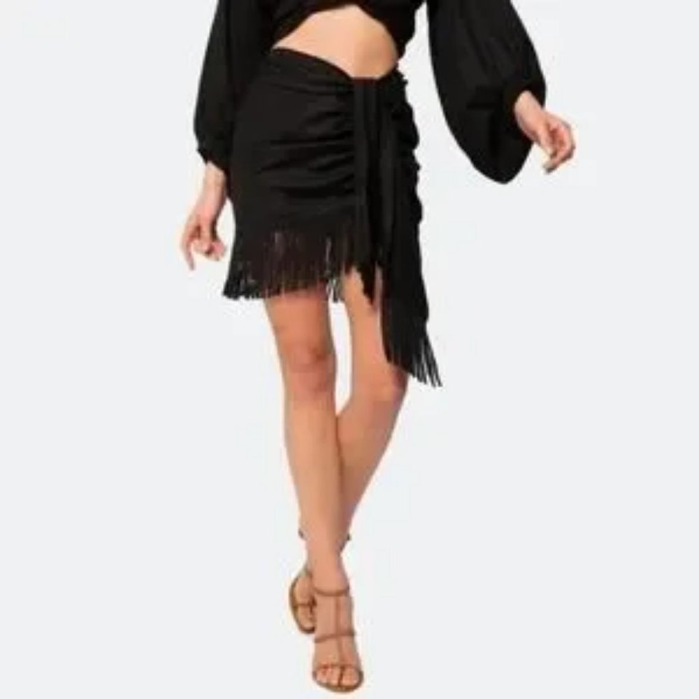 Black Fringe Mini Skirt - Stylish Wrap Design